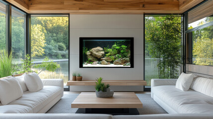 Fototapeta premium cozy corner of room featuring modern aquarium and elegant furniture