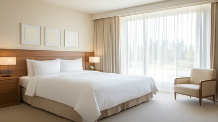 Fototapeta premium Luxurious Hotel Room with King Size Bed and Natural Light.