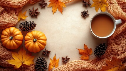 Fototapeta premium A coffee cup, warm scarf, small pumpkins, yellow maple leaves, pine cones, and anise on a pastel beige background with plenty of space for text or advertisements.