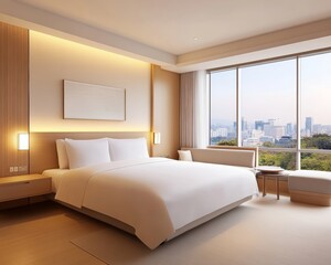 Modern Hotel Room with City View.