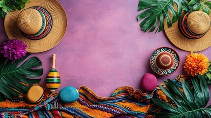 Cinco de Mayo with this overhead vertical imagery of distinctive accessories including wide-brimmed hats, maracas, and a colorful serape against a pale purple backdrop with an empty circle.