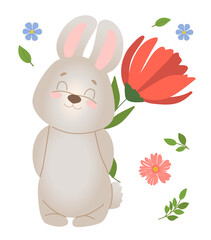Illustration of adorable cute gray rabbit hiding a flower behind his back. Vector illustration for poster, greeting card or invitation, labels or tags