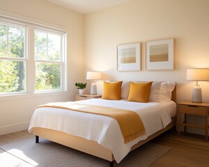 Bright and Airy Bedroom with Wooden Bed and Mustard Yellow Throw