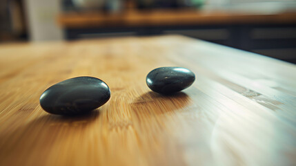 Close-up of two magnetic stones attracting each other on a smooth wooden surface, symbolizing connection and attraction, in a minimalist and natural style.
