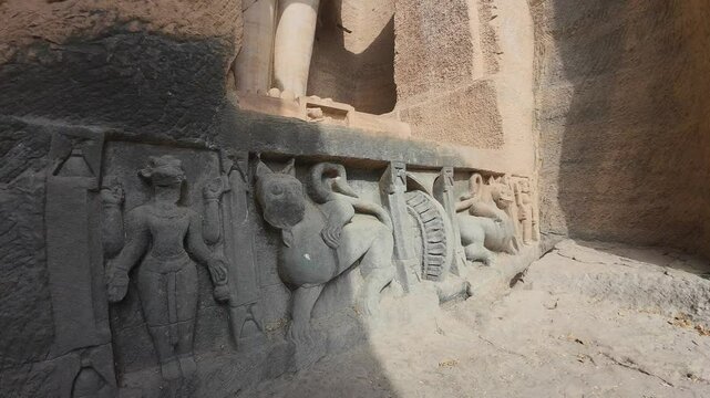 Carvings at The Rock-cut Jain monuments of Gwalior &ndash; Gopachal Parvat, Gwalior, Madhya  Pradesh, India 