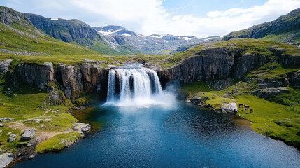 Fototapeta premium stunning waterfall cascades into serene lake surrounded by rugged wilderness