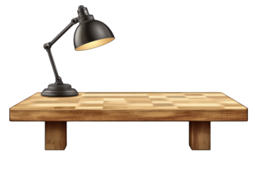 A wooden table with a black desk lamp, ideal for work or study.
