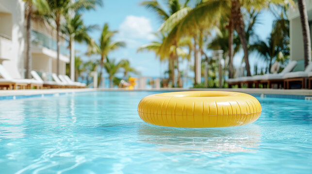 bright yellow pool float in serene swimming pool surrounded by palm trees