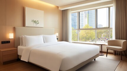 Modern Hotel Room with City View and Comfortable King-Size Bed.