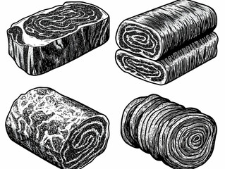 Four Illustrations of Rolled and Sliced Meat Cuts in Black and White
