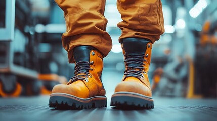 Factory workers wearing safety shoes and working uniforms standing in the factory
