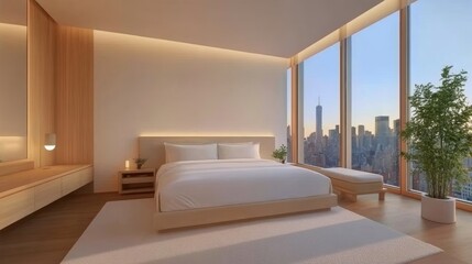 Modern Minimalist Bedroom with City View at Sunset.