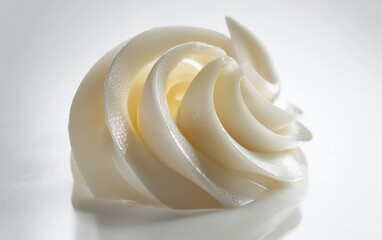 Velvety white chocolate swirl captured mid-motion, with delicate reflections on a pure white surface