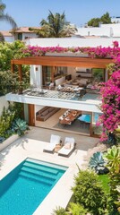 Fototapeta premium Modern Tropical House with Pool and Bougainvillea