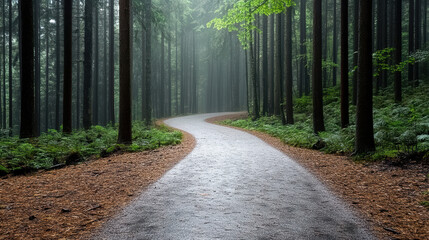Fototapeta premium fog laden path winding through dark, eerie forest creates mysterious atmosphere