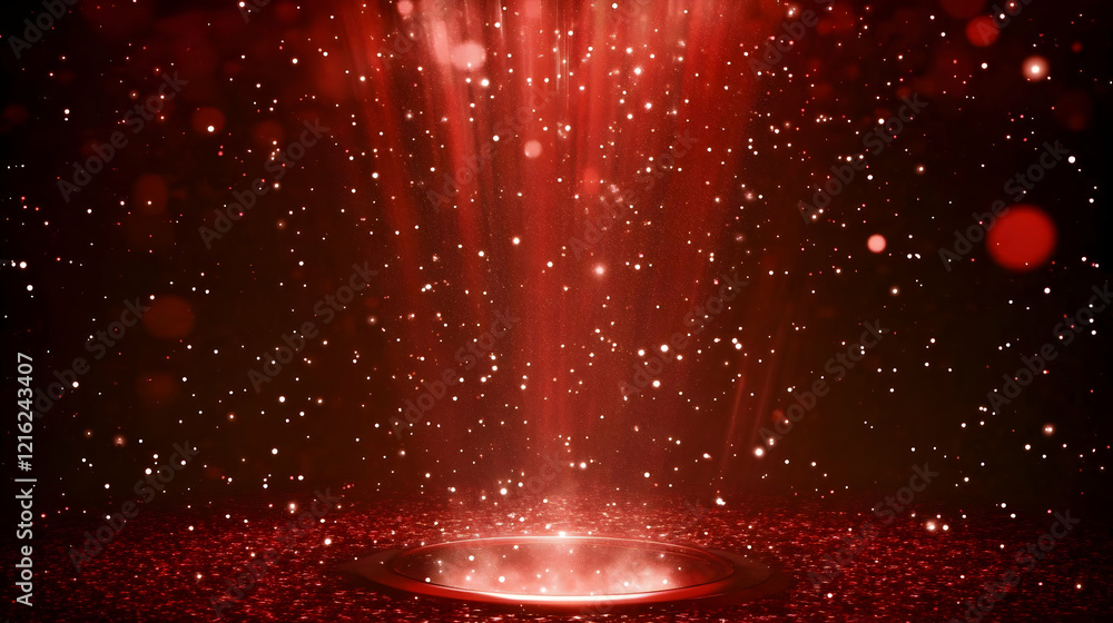 Poster red glitter background sparkles with light beams and bokeh effect for festive designs
