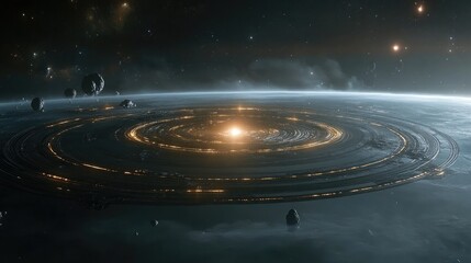 Obraz premium A planet surrounded by rings made of glowing energy, with an intricate network of moons orbiting nearby