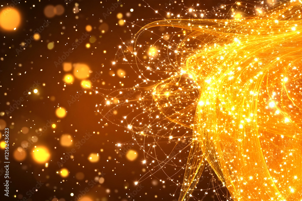 Poster abstract golden light trails and sparkling particles form a dynamic visual spectacle on a dark backg