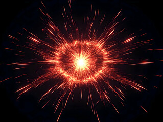 Fototapeta premium Red Sparks Explode Outward from a Central Point on Black Background.