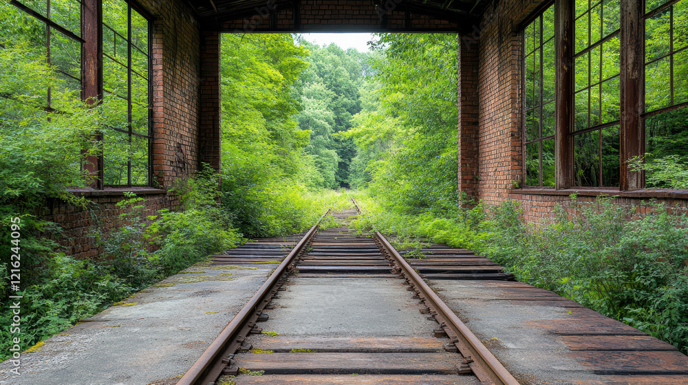 Poster abandoned railway station with rusting tracks surrounded by greenery