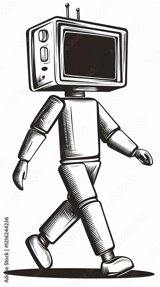 Poster retro robot with tv head walks forward in monochrome style
