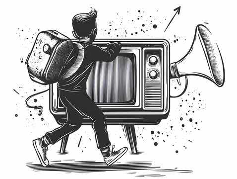Student Carries Retro TV and Megaphone: Illustration of Media Influence on Youth Culture