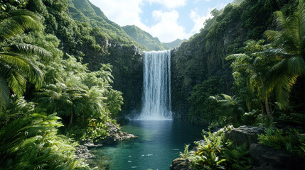 hidden waterfall in lush jungle surrounded by vibrant greenery and exotic birds