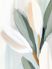 Delicate brush strokes create a serene composition of green leaves in soft hues