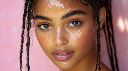 Young Woman with Glowing Skin Posing Against Pink Background