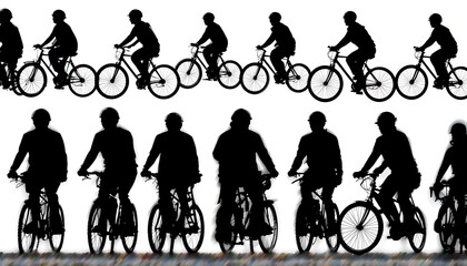 Obraz premium Silhouettes of cyclists wearing hard hats riding bicycles in a row, showcasing a group cycling activity.