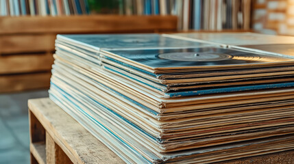 Naklejka premium Vintage vinyl records stacked on wooden table in cozy shop