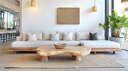 Stylish handmade furniture in modern living room with natural elements