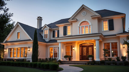 Luxury Dream Home at Dusk: Elegant Exterior, Landscaping, and Architectural Details