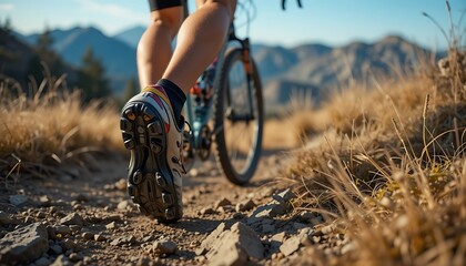 Close-up of a mountain biker's shoe on a rocky trail, showcasing the rugged terrain and the cyclist's athleticism during an outdoor adventure.