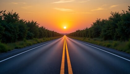Scenic Sunset Road Trip: Asphalt Highway Leading to a Vibrant Orange Sunset Over Lush Green Trees