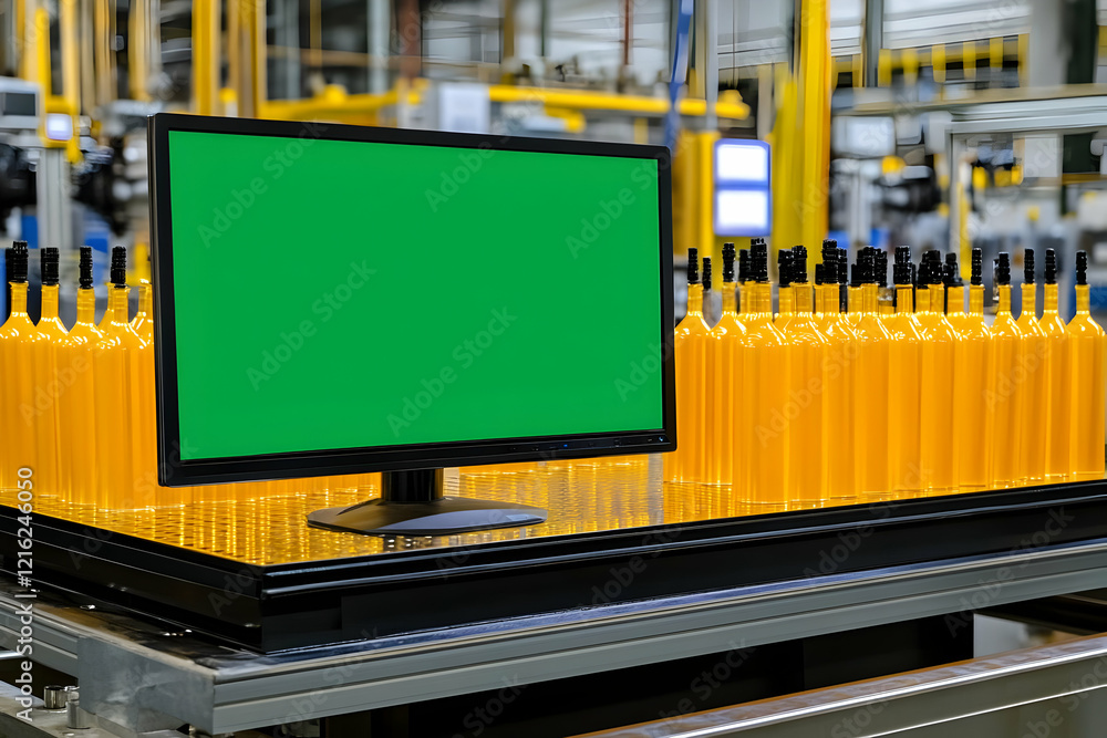 Poster green screen computer monitor displays information and data with bottles on conveyor belt in factory