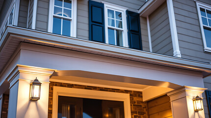 Fototapeta premium Evening view of a charming house exterior with illuminated porch, showcasing beautiful architectural details and warm lighting. Perfect for real estate or home design websites.