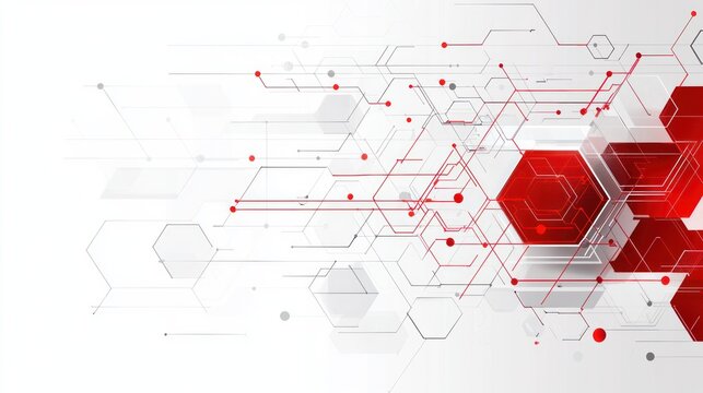 Abstract red and grey tech background with hexagons and lines.