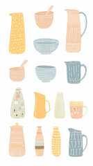 Cute Hand-Drawn Kitchenware Collection Features Bowls, Pitchers, and Decorative Vases in Pastel Colors