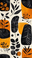 Abstract autumnal pattern with stylized leaves, organic shapes, and earthy tones