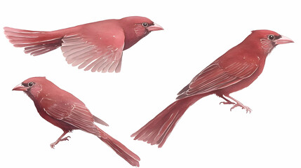 Three Red Birds in Different Poses: Flying, Perching, and Walking Gracefully on a White Background.