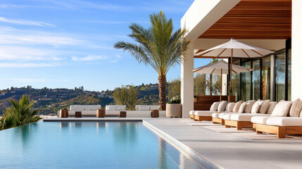 Fototapeta premium Luxurious poolside view with palm trees and modern cabanas in sunlight