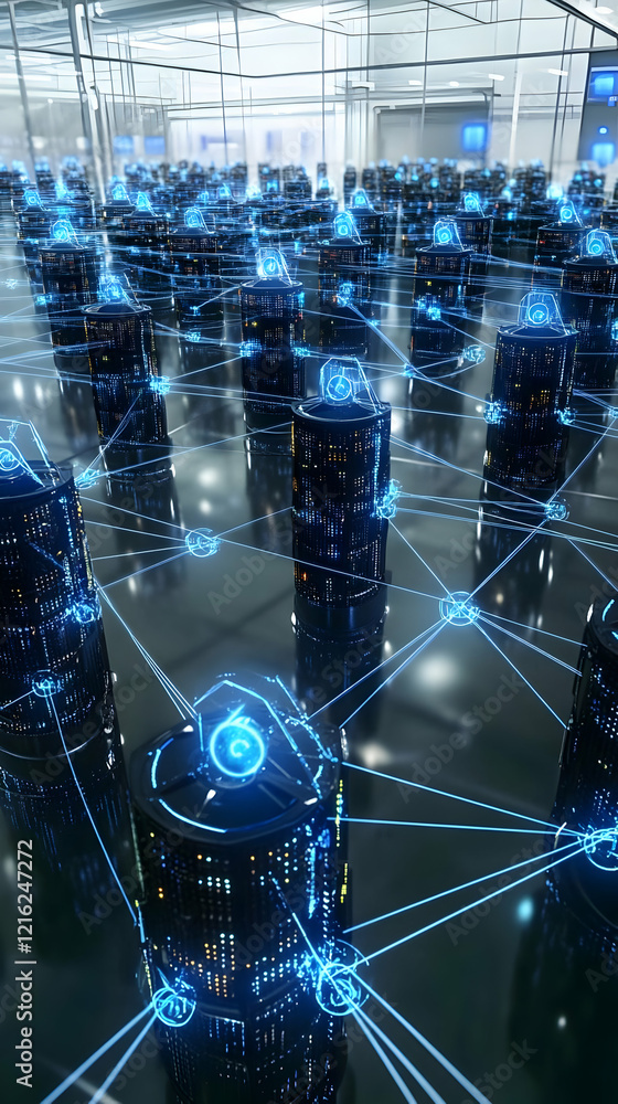 Aufkleber futuristic data center servers connected by glowing lines form a network inside a server room