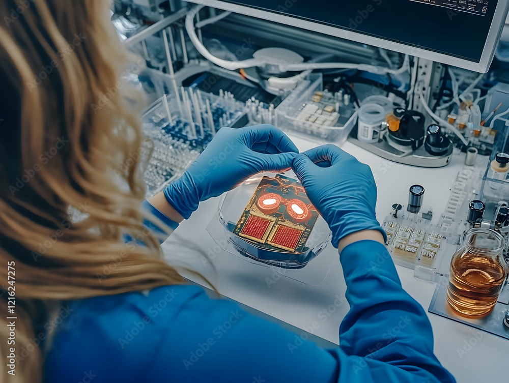 Poster scientist carefully examines microchip in laboratory with advanced equipment and precise tools.