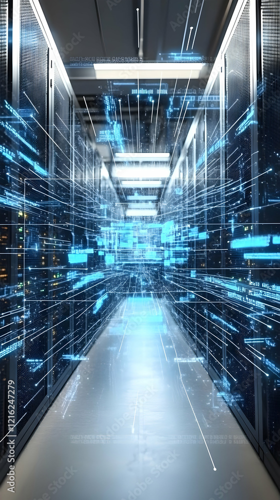 Poster server room shows data flowing with futuristic technology and network connections.