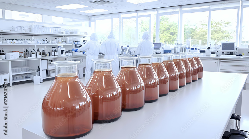 Poster laboratory analysis: scientists examine samples in beakers on table in modern lab