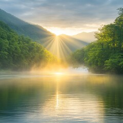 Sunbeams over Peaceful River and Waterfall at Sunrise