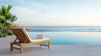 serene beach sunset with poolside lounge chair overlooking ocean