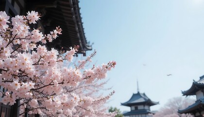 Stunning view of delicate pink cherry blossoms in full bloom against a clear blue sky, near a traditional Japanese temple.