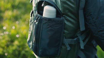A close-up of a backpack straps and pockets with outdoor gear inside.